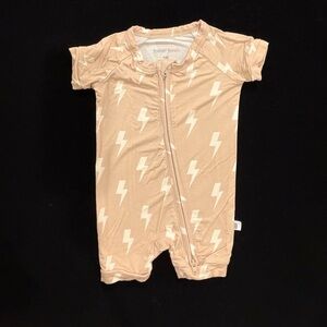 Forever French Shortie Bamboo Zip Romper, Tan Lightning Bolt Size NB